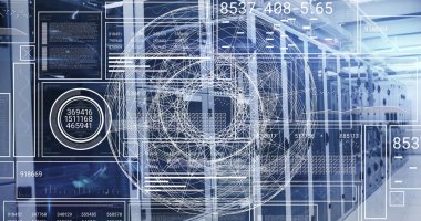 Bilgisayar sunucuları üzerinden rakamlar, dünya ve veri işleme görüntüsü. Küresel hesaplama ve veri işleme kavramı dijital olarak oluşturulmuş resim.