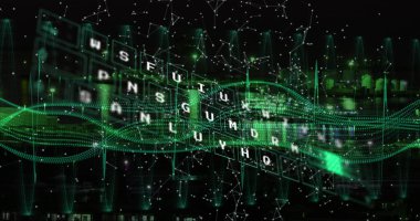 Harflerin resmi ve siyah arkaplanda yeşil dalgalar. şekil, hareket ve iletişim konsepti dijital olarak oluşturulmuş görüntü.