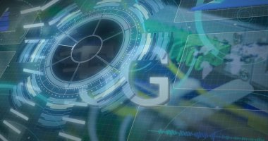 Sunucuların üzerinde 5G ve işleme çemberlerinin resmi. ağ, iletişim, veri işleme ve teknoloji konsepti dijital olarak oluşturulmuş görüntü.