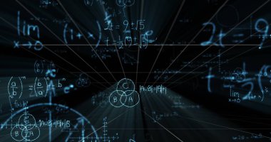 Siyah zemin üzerinde matematik formülleri olan dijital ekran görüntüsü. Bilim, matematik, bilgi ve eğitim konsepti dijital olarak oluşturulmuş imaj.