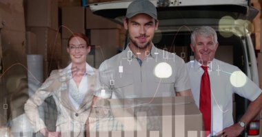 Beyaz erkek ve kadın depo çalışanları üzerinden finansal verilerin görüntüsü. iş, finans ve dağıtım hizmetleri kavramı dijital olarak oluşturulmuş görüntü.