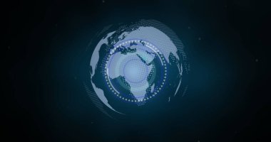 Dünya çapında tarama ve veri işleme görüntüsü. Küresel bilgisayar veri işleme ve dijital arayüz konsepti dijital olarak oluşturulmuş resim.