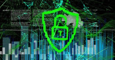 Asma kilit üzerinde veri işleme görüntüsü. Küresel iş ve dijital arayüz kavramı dijital olarak oluşturulmuş görüntü.