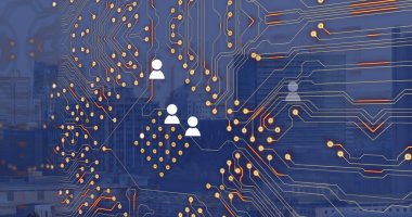 Şehrin üzerindeki simge ve bilgisayar devre kartlarının resmi. Küresel sosyal medya, teknoloji ve dijital arayüz kavramı dijital olarak oluşturulmuş görüntü.