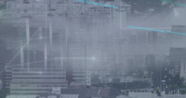 Bir şehir manzarası şeffaf, dijital veri grafikleriyle kaplıdır. Sahne, akıllı şehirler kavramını ya da teknoloji ile şehir hayatının bütünleşmesini öneriyor..