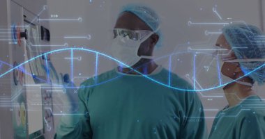 Söz konusu kadın ve erkek cerrah üzerinde DNA ipliği ve işleme verilerinin görüntüsü. Tıbbi ve sağlık hizmetleri konsepti dijital olarak oluşturulmuş görüntü.