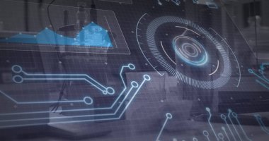 Kapsam görüntüsü, devre kartı, laboratuarda veri işleme. Küresel iş, dijital arayüz, hesaplama ve veri işleme kavramı dijital olarak oluşturuldu.