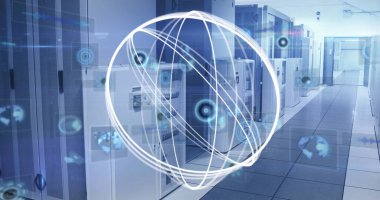 Bilgisayar sunucu odalı teknoloji odasını tarama ve tarama alanı görüntüsü. Küresel iş dijital arayüzü ve teknoloji konsepti dijital olarak oluşturuldu.