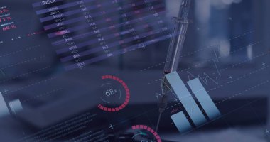 Şırınga üzerinde veri işleme resmi. Küresel bilim, tıp ve sağlık hizmetleri kavramı dijital olarak üretilen görüntü.