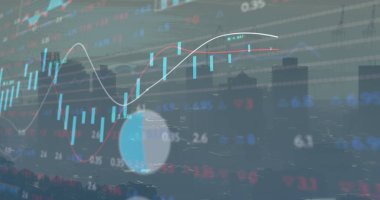 Şehir manzarası üzerindeki finansal grafiklerin ve verilerin resmi. Küresel finans, ekonomi ve iş konsepti dijital olarak oluşturulmuş imaj.