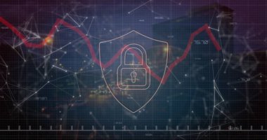 Şehrin üzerinde asma kilit simgesi ve finansal veri işleme resmi. Küresel bağlantılar, dijital arayüz, bulut hesaplama ve veri işleme kavramı dijital olarak oluşturuldu.