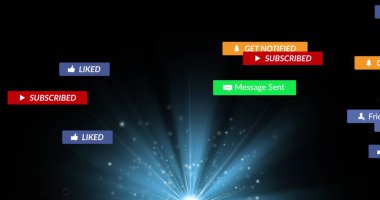 Siyah arkaplanda ışık izlerinin üzerindeki metinlerin olduğu sosyal medya simgeleri. Sosyal medya, iletişim ve dijital arayüz kavramı dijital olarak oluşturuldu.