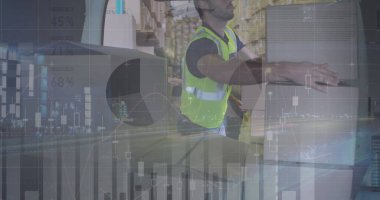 Teslimatçı ve minibüsün istatistik ve mali veri işleme görüntüsü. küresel gönderim, dağıtım, iş, veri işleme ve teknoloji konsepti dijital olarak oluşturuldu.