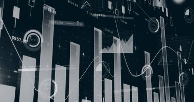 Daireleri siyah arkaplana karşı yükleyerek sayıları değiştiren çoklu grafiklerin resmi. Dijital olarak üretilmiş, hologram, illüstrasyon, rapor, büyüme, ilerleme ve iş kavramı.