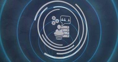 Karanlık arka planda neon şekilli tünel üzerindeki simgelerin görüntüsü. küresel teknoloji, sosyal medya ve dijital arayüz kavramı dijital olarak oluşturulmuş görüntü.