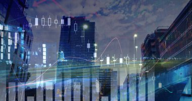 Şehir manzarası ve trafik üzerindeki grafikler. Ulaşım, trafik, navigasyon ve teknoloji konsepti dijital olarak oluşturuldu.