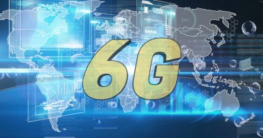 Mavi arkaplan ile veri işleme arayüzü üzerinde 6G metin resmi. Bilgisayar arayüzü ve iş veri teknolojisi kavramı 