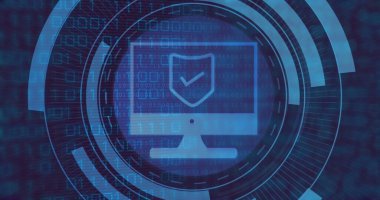 Veri işleme üzerinde bilgisayar simgesi resmi. Küresel iş ve dijital arayüz kavramı dijital olarak oluşturulmuş görüntü.