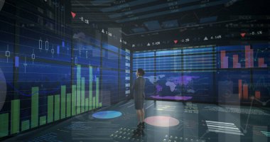 İstatistik ve mali veri işleme görüntüsü. küresel finansman, iş dünyası, dijital arayüz ve dijital olarak üretilen görüntü konsepti.