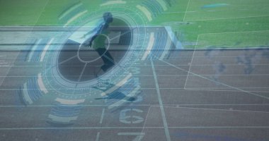 Fiziksel engelli Afrikalı Amerikalı erkeklerin dijital arayüz görüntüsü. Küresel spor, dijital arayüz ve veri işleme kavramı dijital olarak oluşturulmuş görüntü.