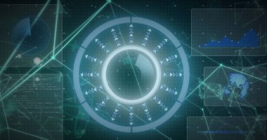 Siyah arkaplandaki bağlantı ağıyla veri işleme resmi. Küresel teknoloji, bilgisayar ve dijital arayüz kavramı dijital olarak oluşturulmuş görüntü.