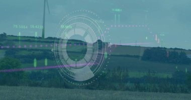 Radar, grafik ve yükleme çubuğu görüntüsü açık gökyüzüne karşı yel değirmeni üzerinde. Dijital bileşik, çoklu pozlama, rapor, iş, sürdürülebilir enerji, güç üretimi ve teknoloji.