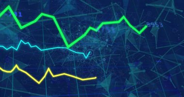 Değişen sayılara sahip grafikler, birbirine bağlı noktalar, soyut arkaplanda geometrik şekiller. Dijital olarak üretilmiş, hologram, illüstrasyon, rapor, iş ve iletişim kavramı.
