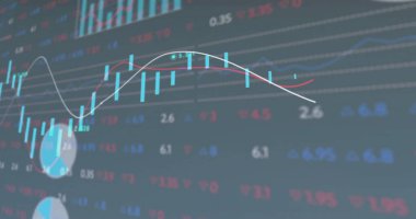 Borsa görüntüsü ve kara fon üzerinde veri işleme. Küresel iş ve dijital arayüz kavramı, dijital olarak oluşturulmuş görüntü.