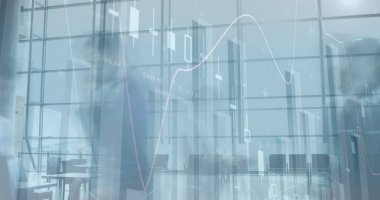 İstatistiksel veri işlemenin birleşik görüntüsüyle ofiste yürüyen insanların zaman atlaması. iş ve teknoloji kavramı