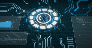 Sunucu odasında veri işleme resmi. Küresel bilim, bağlantılar, veri işleme ve dijital arayüz kavramı dijital olarak oluşturuldu.