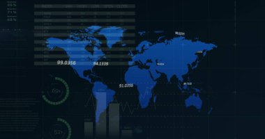 Dünya haritası üzerinde finansal veri işleme resmi. küresel finans, iş ve dijital arayüz kavramı dijital olarak oluşturulmuş görüntü.