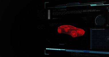 3D araba çizimi, tarama ve veri işleme görüntüleri. küresel teknoloji, araba endüstrisi, işleme ve dijital arayüz kavramı dijital olarak oluşturulmuş görüntü.