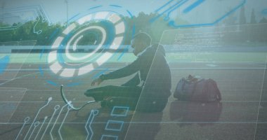 Fiziksel engelli Afrikalı Amerikalı erkeklerin dijital arayüz görüntüsü. Küresel spor, dijital arayüz ve veri işleme kavramı dijital olarak oluşturulmuş görüntü.