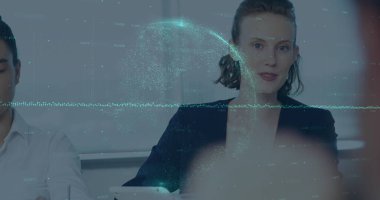 Finansal verilerin görüntüsü ve Kafkasyalı mutlu iş kadınının üzerindeki dünya. küresel iş, finans, teknoloji ve veri işleme kavramı dijital olarak oluşturulmuş görüntü.