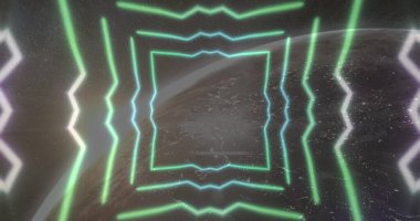 Siyah arkaplandaki küre ve şekiller. Retro gelecek ve dijital arayüz konsepti dijital olarak oluşturuldu.