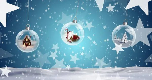 Image Christmas Bubbles Stars Snow Falling Blue Background Christmas Tradition — Stock Photo, Image