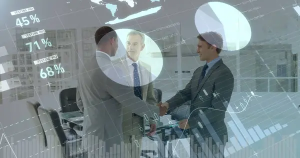 Digital Composite Diverse Businessmen Meeting Office While Different Graphs Move — Stock Photo, Image