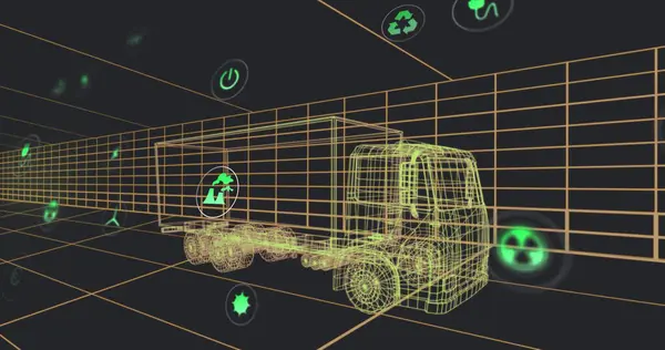 三维卡车模型上的多个数字图标在隧道中以无缝模式移动的图像 汽车工程和可持续能源概念 — 图库照片