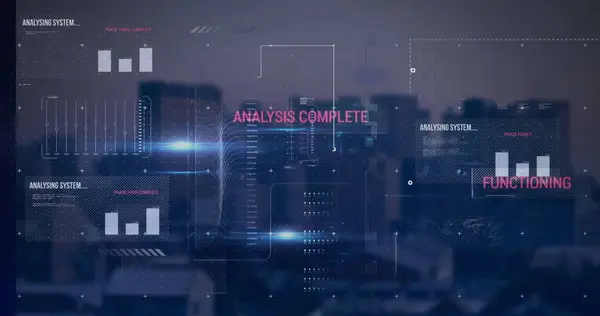 Image of interface with data processing against aerial view of cityscape. Computer interface and business technology concept