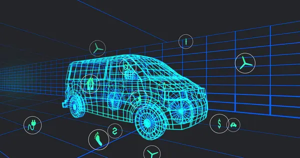 3D Van Modeli üzerinde birden fazla dijital simge tünelde pürüzsüz bir şekilde hareket ediyor. Otomobil mühendisliği ve sürdürülebilir enerji kavramı