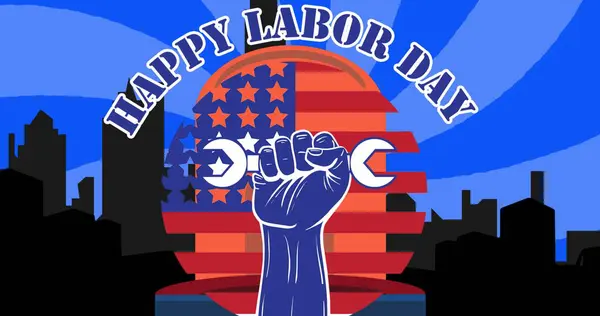 Image Happy Labor Day Text Cityscape Labor Day Celebration Concept — Stock Photo, Image