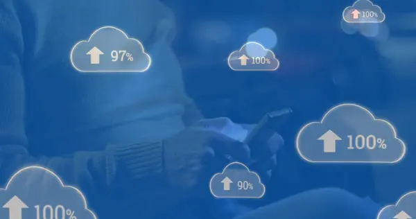 Image of blue clouds with arrows pointing up and percent increasing from zero to one hundred with young man using a smartphone in the background 4k