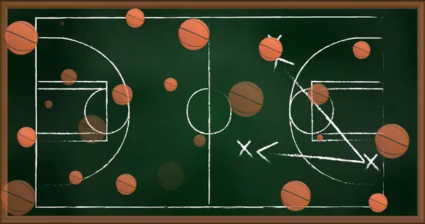 Image of basketballs over drawing of game plan. sports and competition concept digitally generated image.