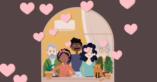 Image of diverse multigeneration family over brown background with hearts. Family and adoption concept digitally generated image.