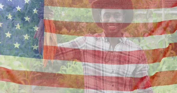 Image Flag United States America Happy African American Farmer Keeping — Stock Photo, Image