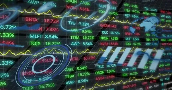 Bild Der Finanzdatenverarbeitung Und Statistiken Auf Schwarzem Hintergrund Globales Finanz — Stockfoto