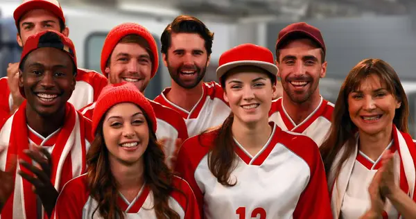 Front View Group Sports Fans Wearing Red White Jerseys Cheering — Stock Photo, Image