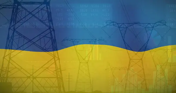 Image Flag Ukraine Field Electricity Poles Ukraine Crisis Economic Energetic — Stock Photo, Image