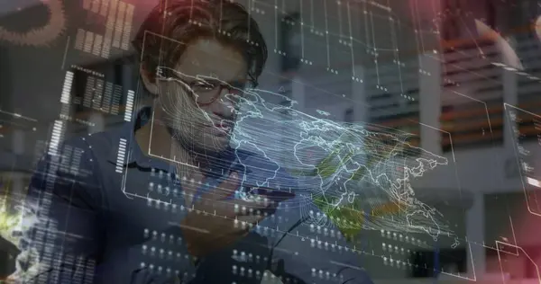 Image of interface with data processing over caucasian man talking on smartphone outdoors. Computer interface and business networking technology concept