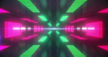 Siyah arkaplanda hareket eden parlak neon desenli animasyon. Renk, şekil, ışık ve hareket konsepti dijital olarak oluşturulmuş video.